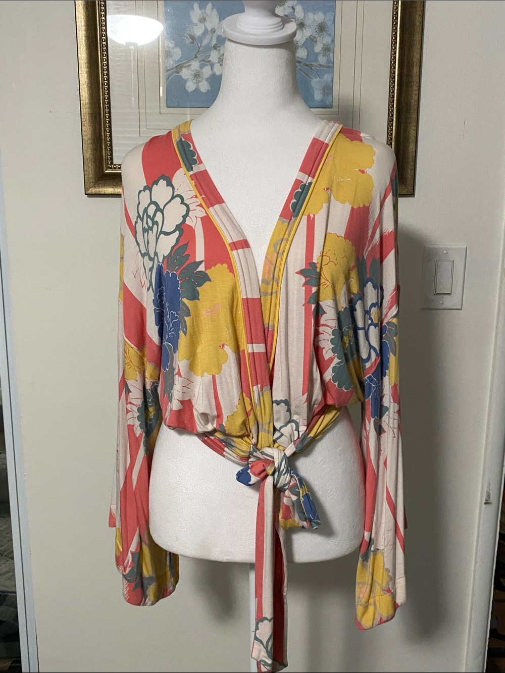 FREE PEOPLE Floral Tie-Front V-Neck Blouse - Pink & Yellow Size Medium!